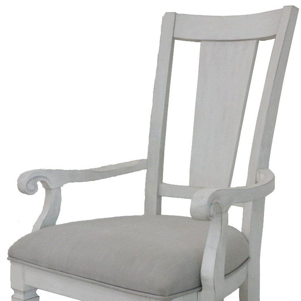 Set of Two Light Gray and White Upholstered Linen And Solid Wood Open Back Dining Arm Chairs HomeRoots