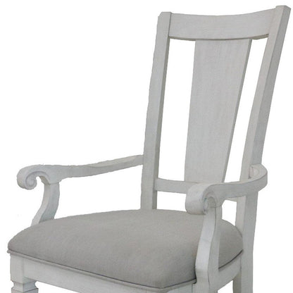 Set of Two Light Gray and White Upholstered Linen And Solid Wood Open Back Dining Arm Chairs HomeRoots