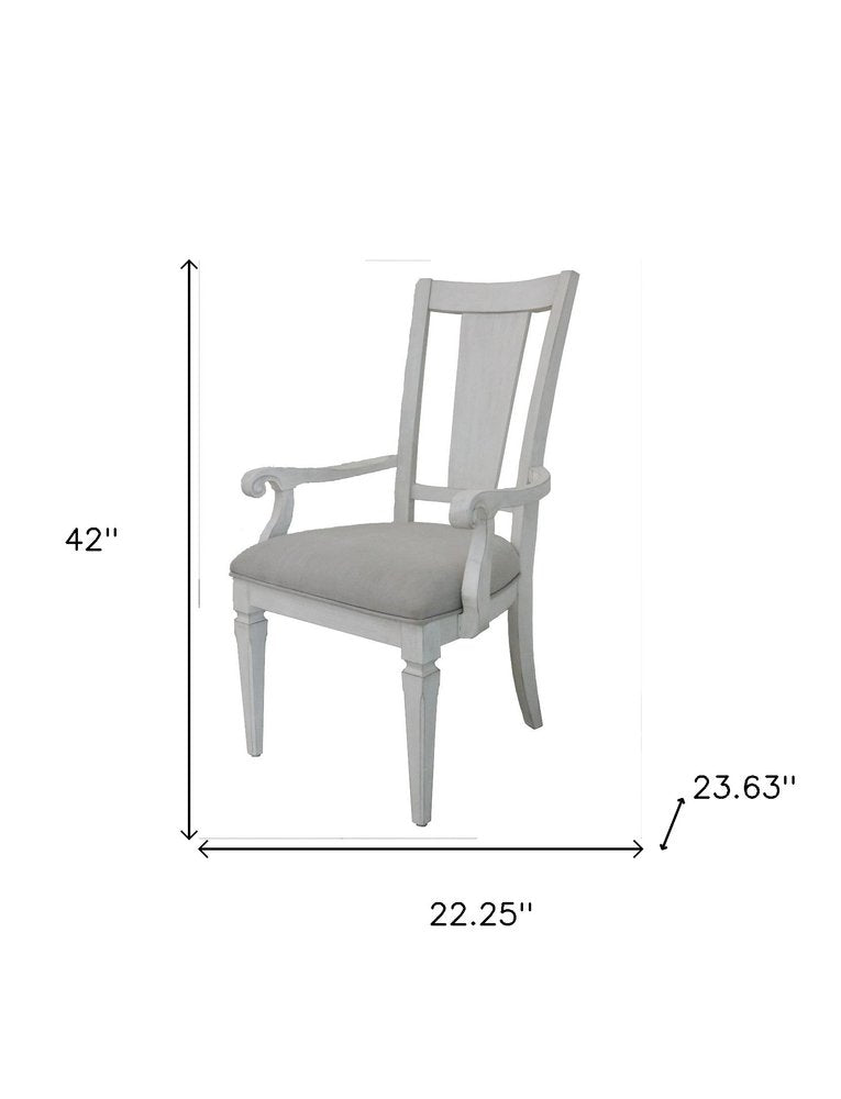 Set of Two Light Gray and White Upholstered Linen And Solid Wood Open Back Dining Arm Chairs HomeRoots