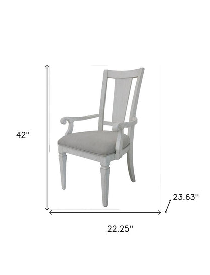 Set of Two Light Gray and White Upholstered Linen And Solid Wood Open Back Dining Arm Chairs HomeRoots