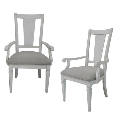 Set of Two Light Gray and White Upholstered Linen And Solid Wood Open Back Dining Arm Chairs HomeRoots