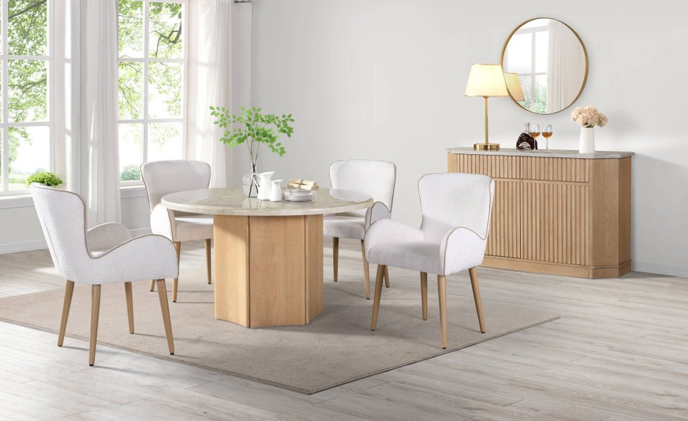 Set of Two Beige and Oak Fabric Dining Side Chairs HomeRoots