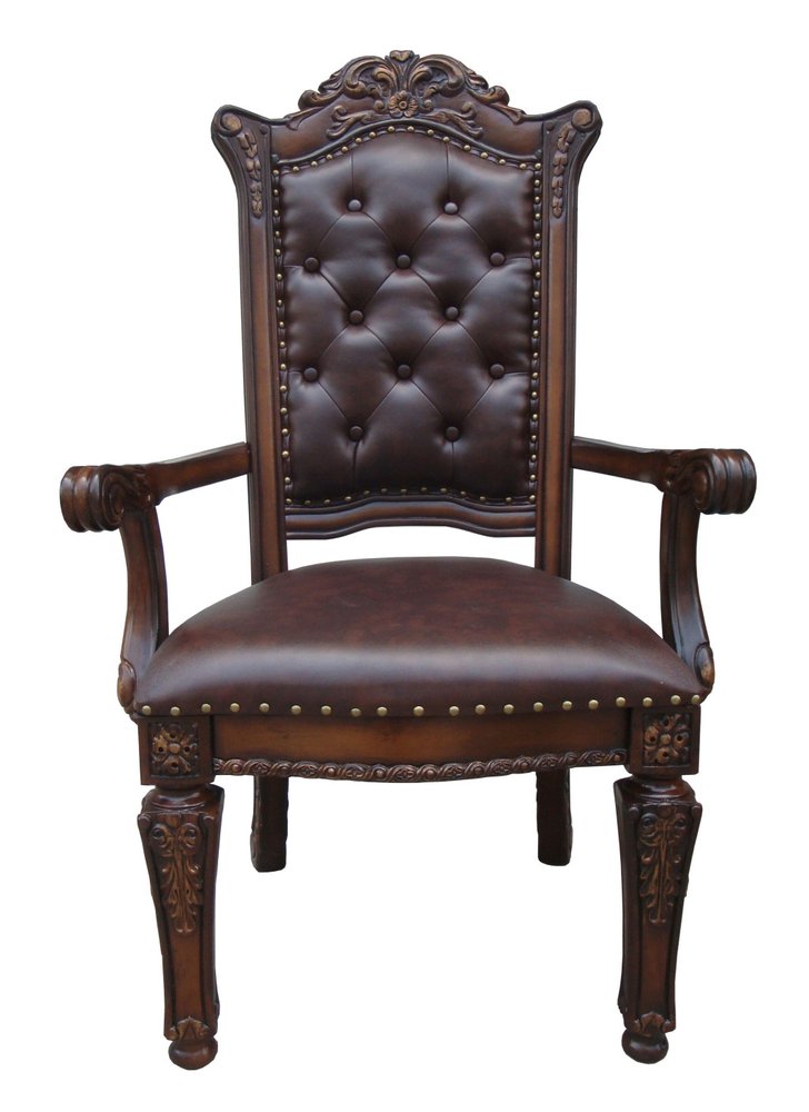 Set of Two Tufted Brown and Redwood Upholstered Faux Leather And Solid Wood Dining Arm Chairs HomeRoots