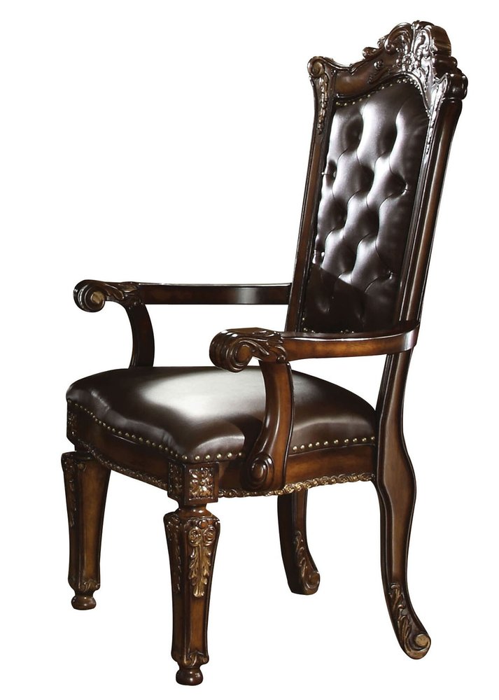 Set of Two Tufted Brown and Redwood Upholstered Faux Leather And Solid Wood Dining Arm Chairs HomeRoots