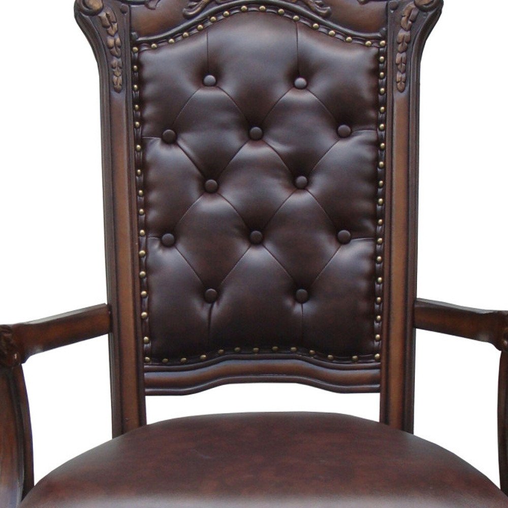 Set of Two Tufted Brown and Redwood Upholstered Faux Leather And Solid Wood Dining Arm Chairs HomeRoots