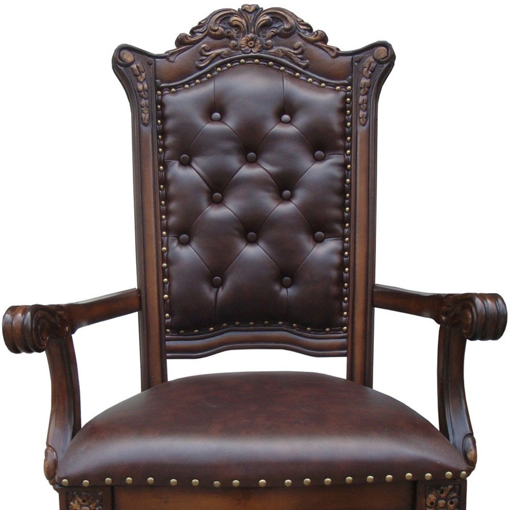 Set of Two Tufted Brown and Redwood Upholstered Faux Leather And Solid Wood Dining Arm Chairs HomeRoots