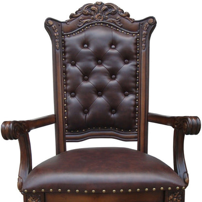 Set of Two Tufted Brown and Redwood Upholstered Faux Leather And Solid Wood Dining Arm Chairs HomeRoots