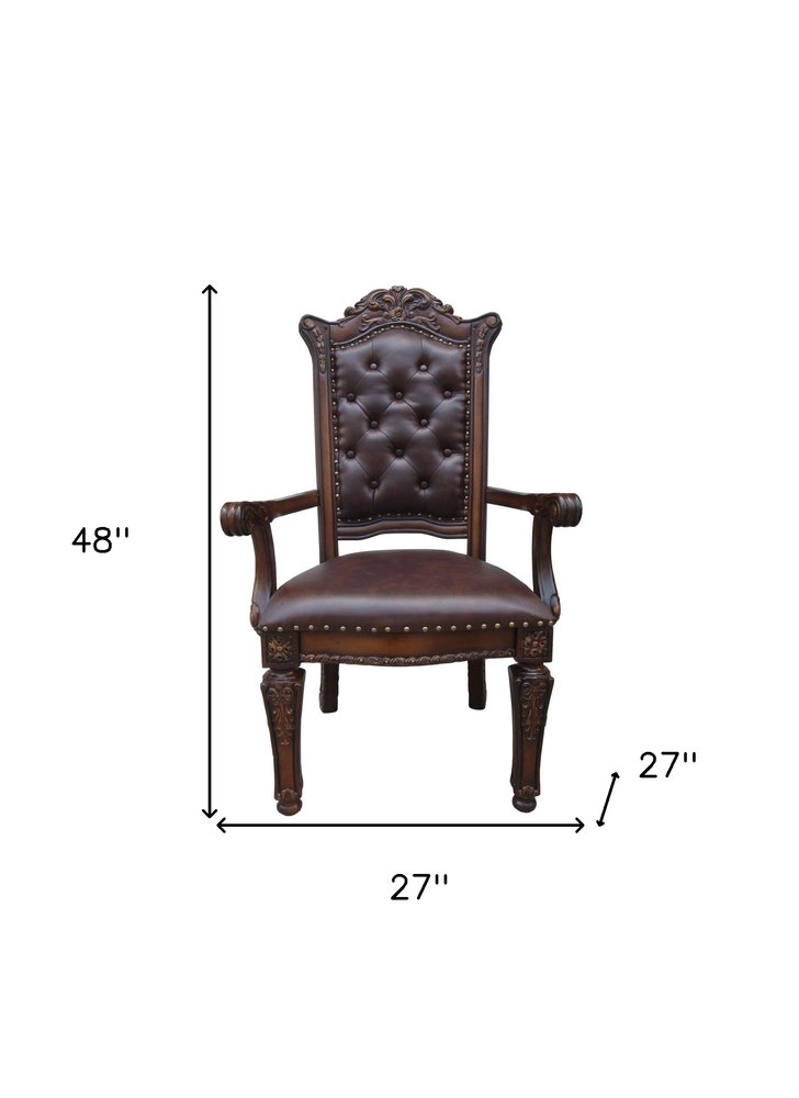 Set of Two Tufted Brown and Redwood Upholstered Faux Leather And Solid Wood Dining Arm Chairs HomeRoots