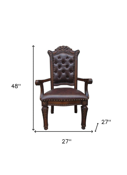 Set of Two Tufted Brown and Redwood Upholstered Faux Leather And Solid Wood Dining Arm Chairs HomeRoots