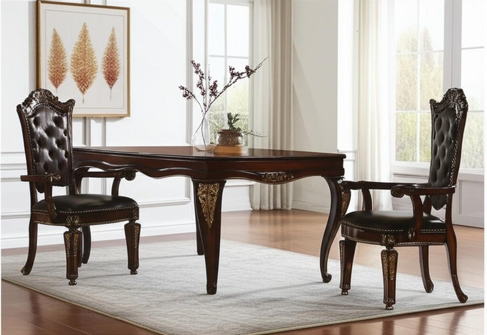 Set of Two Tufted Brown and Redwood Upholstered Faux Leather And Solid Wood Dining Arm Chairs HomeRoots