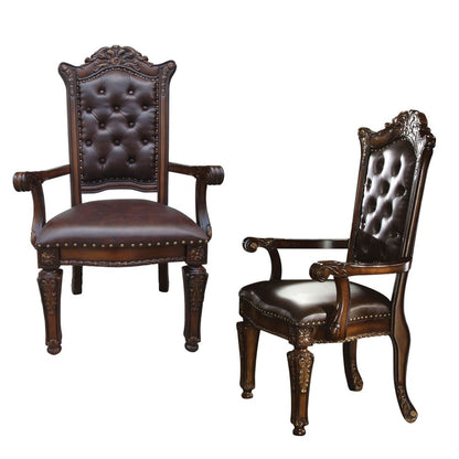 Set of Two Tufted Brown and Redwood Upholstered Faux Leather And Solid Wood Dining Arm Chairs HomeRoots