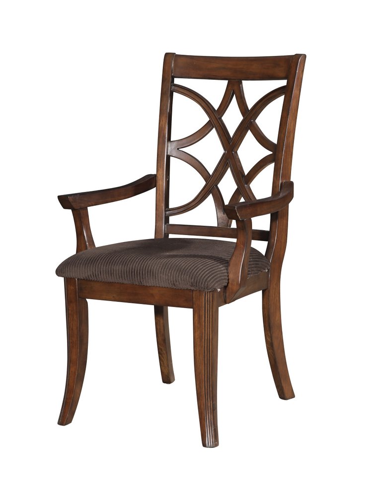 Set of Two Brown Upholstered Microfiber And Solid Wood Open Back Dining Arm Chairs — view 1