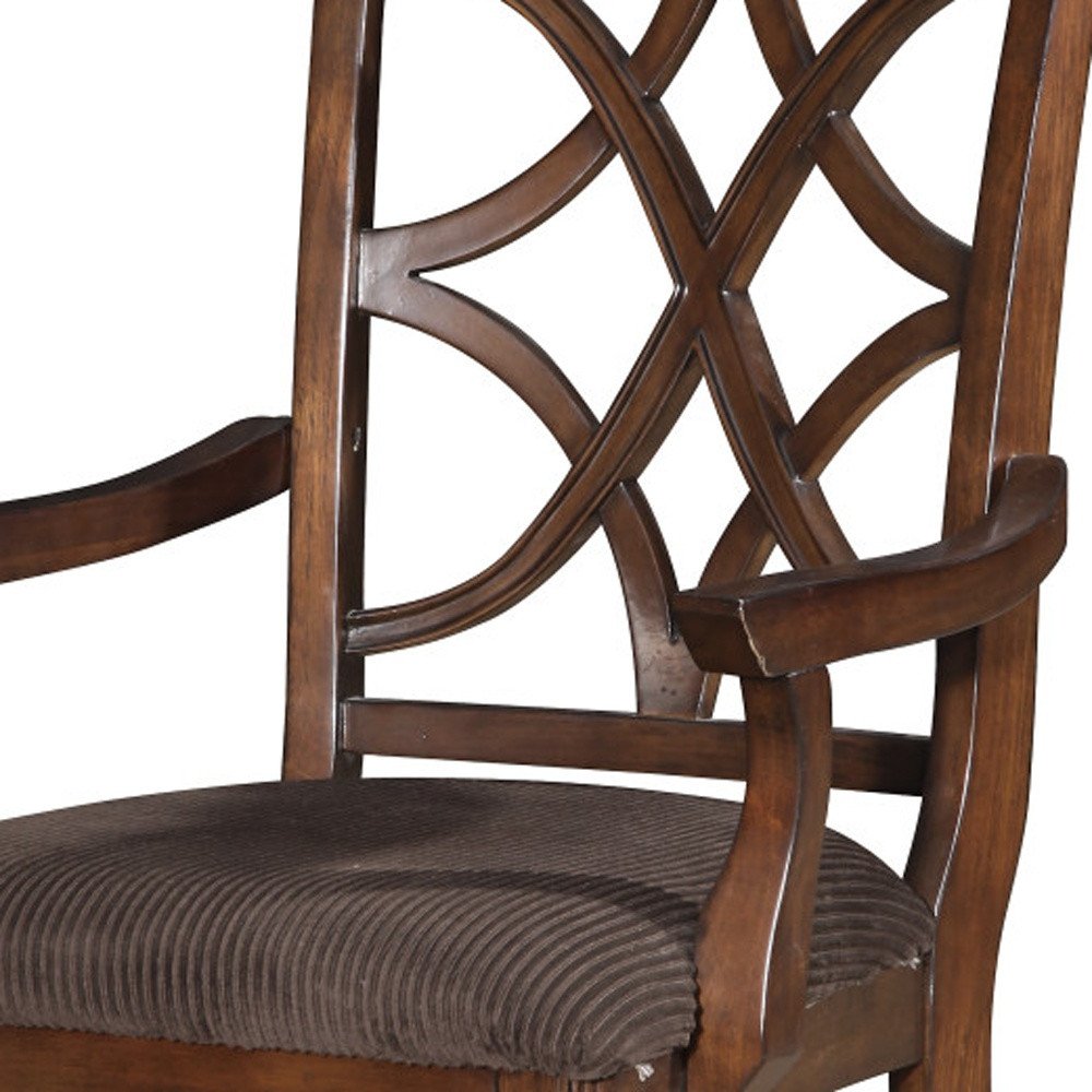 Set of Two Brown Upholstered Microfiber And Solid Wood Open Back Dining Arm Chairs — view 2