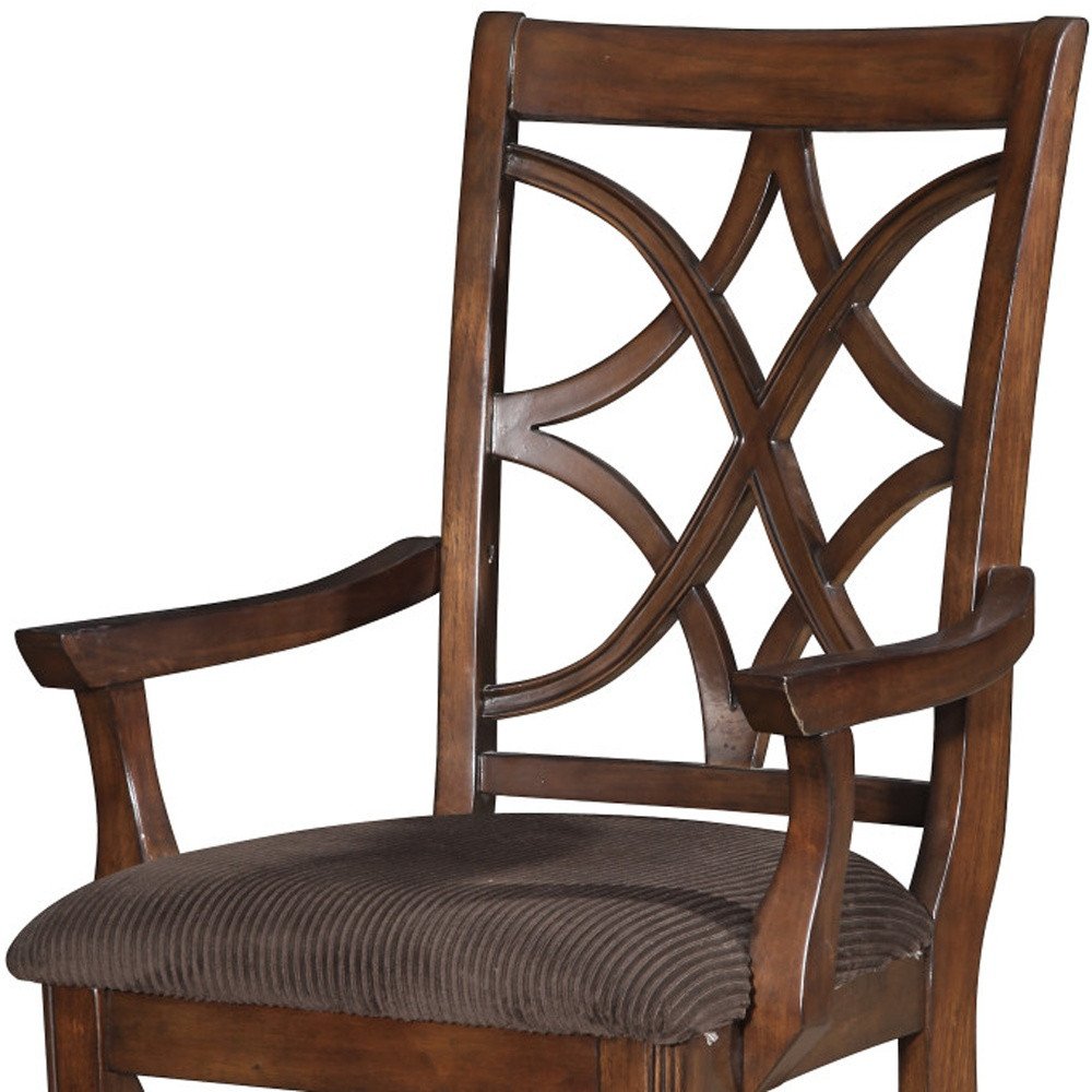 Set of Two Brown Upholstered Microfiber And Solid Wood Open Back Dining Arm Chairs — view 3