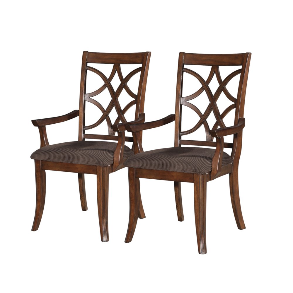 Set of Two Brown Upholstered Microfiber And Solid Wood Open Back Dining Arm Chairs — view 5