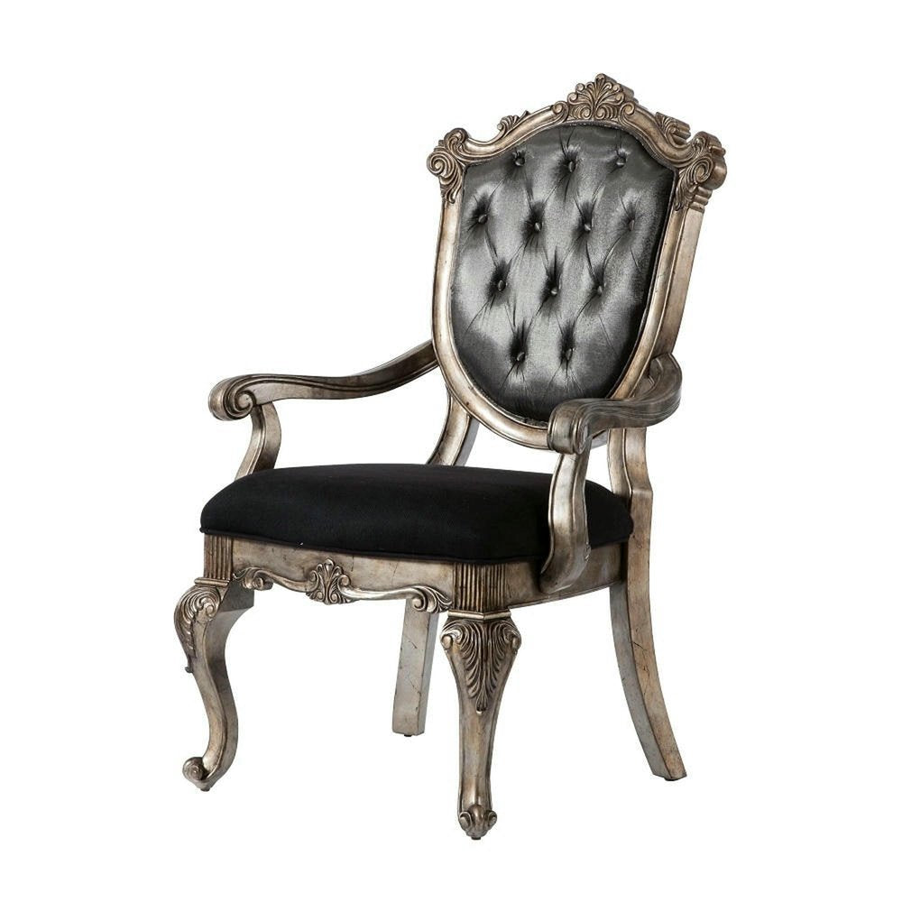 Set of Two Dark Gray And Platinum And Dark Gray Tufted Fabric Open Back Dining Arm Chairs HomeRoots