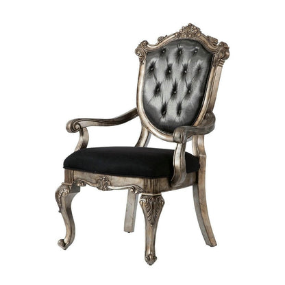 Set of Two Dark Gray And Platinum And Dark Gray Tufted Fabric Open Back Dining Arm Chairs HomeRoots