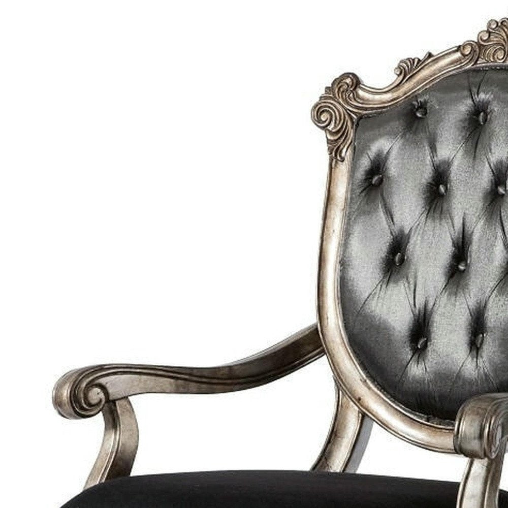 Set of Two Dark Gray And Platinum And Dark Gray Tufted Fabric Open Back Dining Arm Chairs HomeRoots