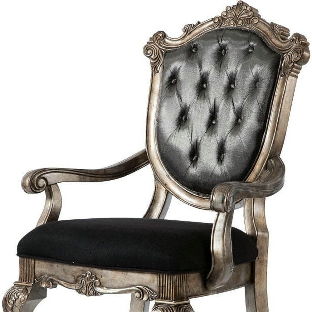 Set of Two Dark Gray And Platinum And Dark Gray Tufted Fabric Open Back Dining Arm Chairs HomeRoots