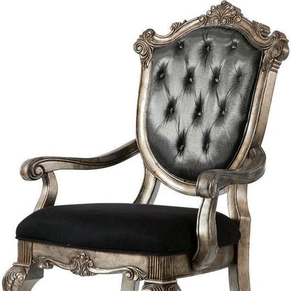 Set of Two Dark Gray And Platinum And Dark Gray Tufted Fabric Open Back Dining Arm Chairs HomeRoots