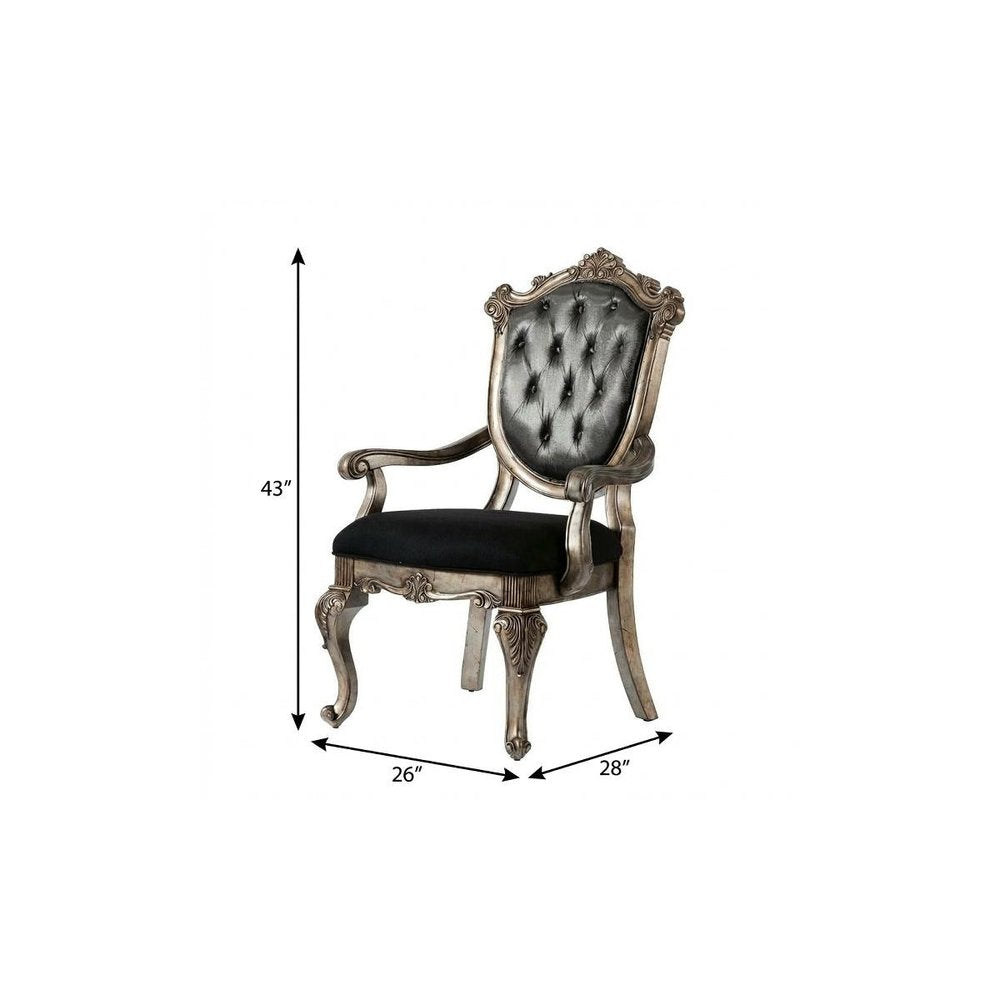 Set of Two Dark Gray And Platinum And Dark Gray Tufted Fabric Open Back Dining Arm Chairs HomeRoots