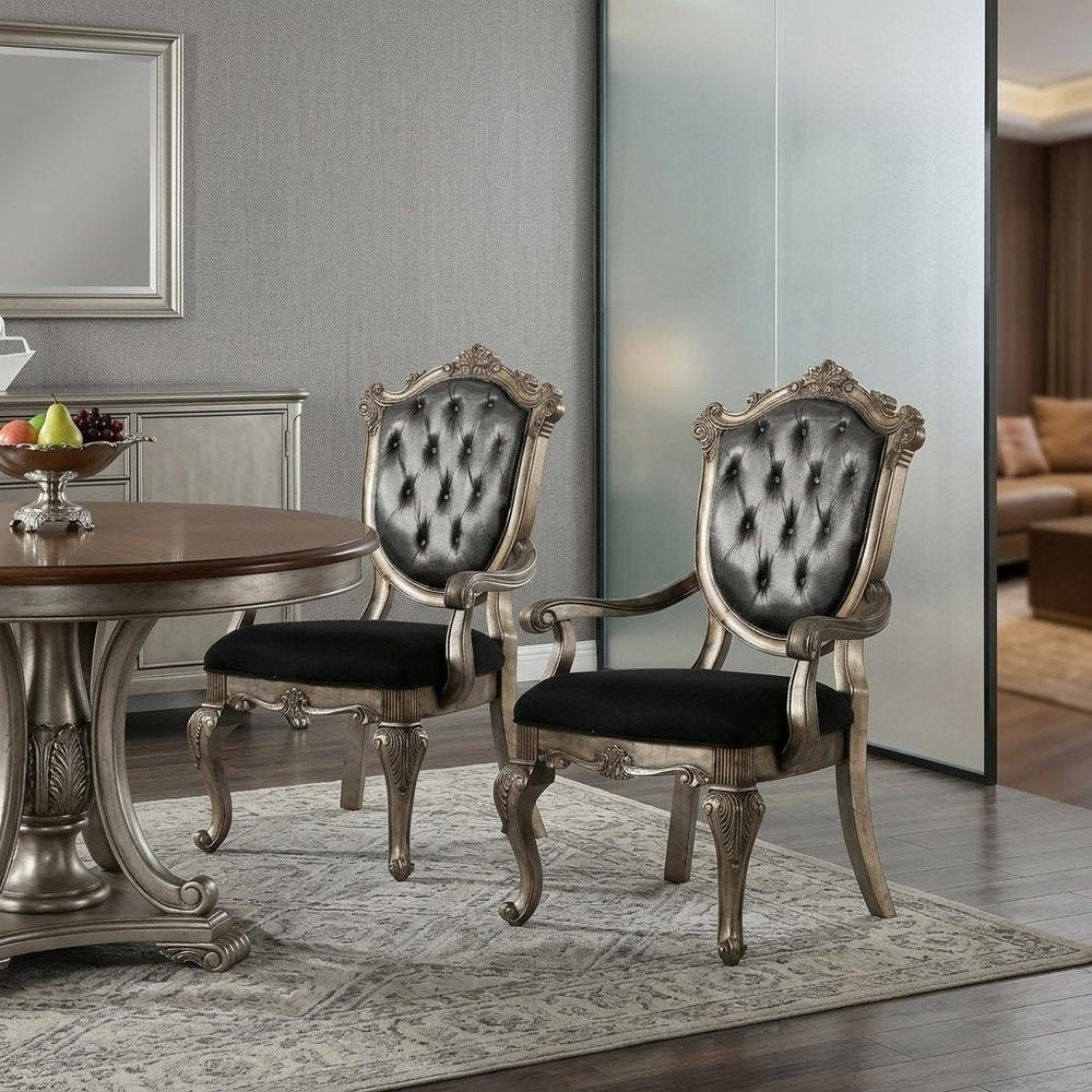 Set of Two Dark Gray And Platinum And Dark Gray Tufted Fabric Open Back Dining Arm Chairs HomeRoots