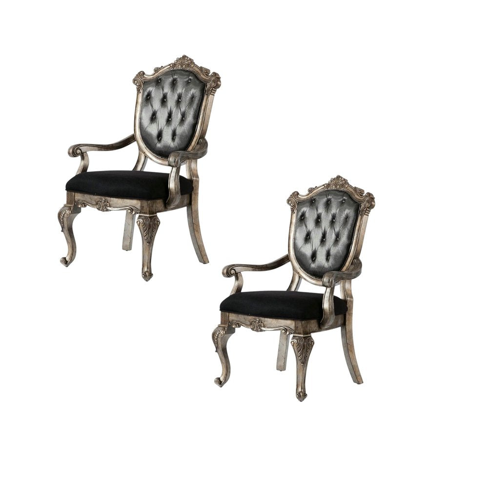 Set of Two Dark Gray And Platinum And Dark Gray Tufted Fabric Open Back Dining Arm Chairs HomeRoots