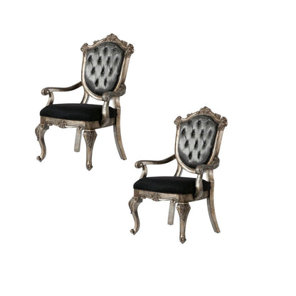 Set of Two Dark Gray And Platinum And Dark Gray Tufted Fabric Open Back Dining Arm Chairs HomeRoots