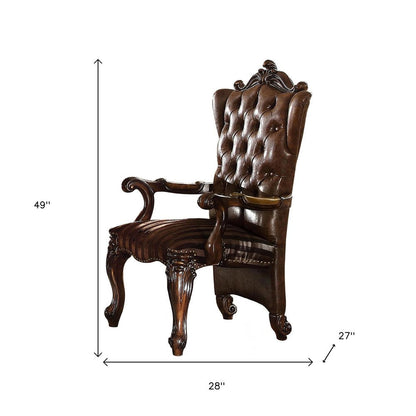Set of Two Brown and Redwood Tufted Faux Leather Wing Back Dining Arm Chairs HomeRoots