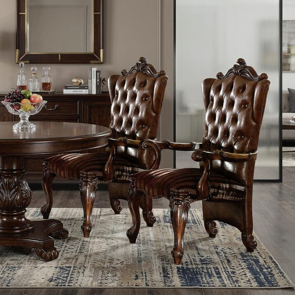 Set of Two Brown and Redwood Tufted Faux Leather Wing Back Dining Arm Chairs HomeRoots