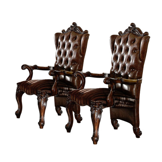 Set of Two Light Brown And Redwood Tufted Fabric And Faux Leather And Solid Wood Wing Back Dining Arm Chairs