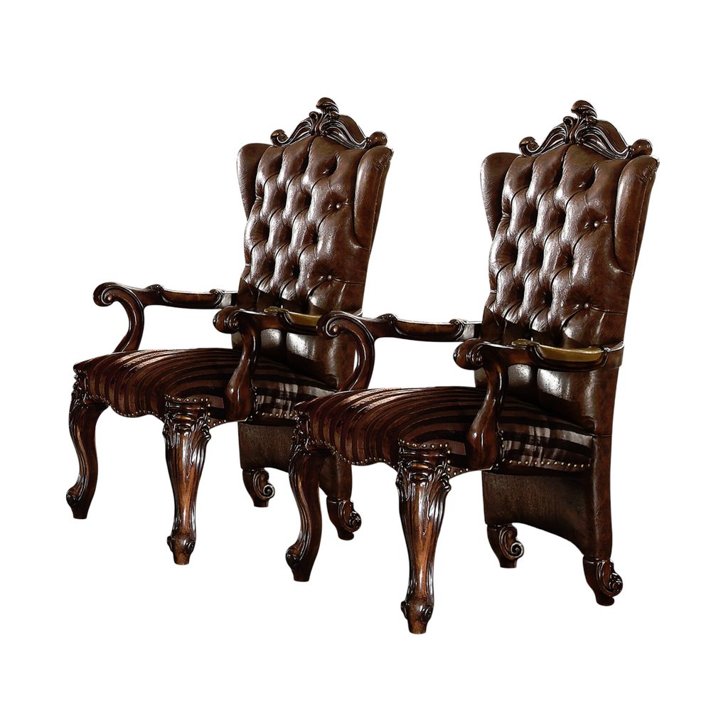 Set of Two Brown and Redwood Tufted Faux Leather Wing Back Dining Arm Chairs HomeRoots