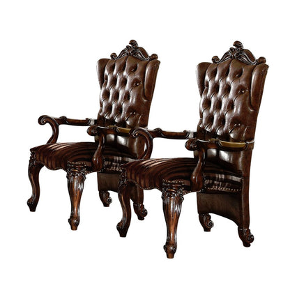 Set of Two Brown and Redwood Tufted Faux Leather Wing Back Dining Arm Chairs HomeRoots