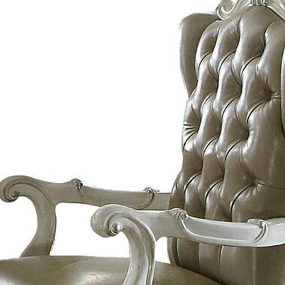 Set of Two Gray and Bone Tufted Faux Leather Wing Back Dining Arm Chairs HomeRoots