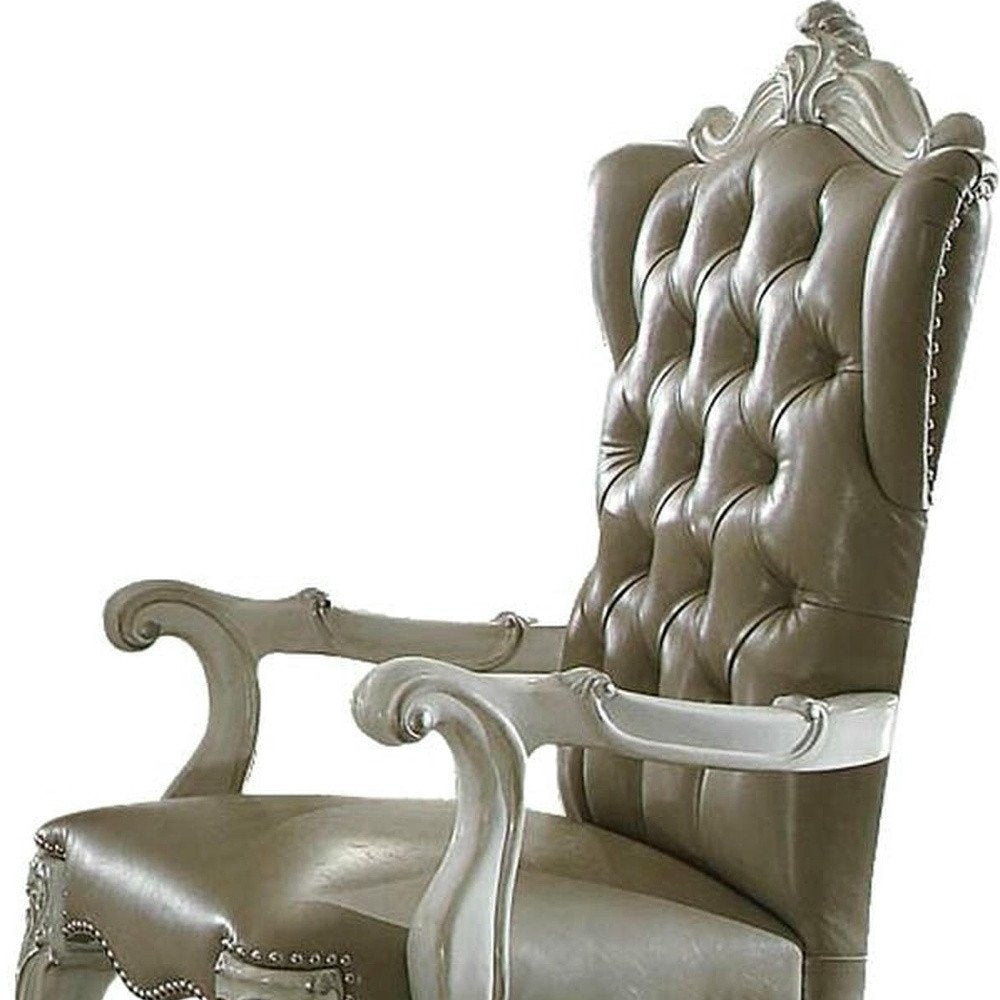 Set of Two Gray and Bone Tufted Faux Leather Wing Back Dining Arm Chairs HomeRoots