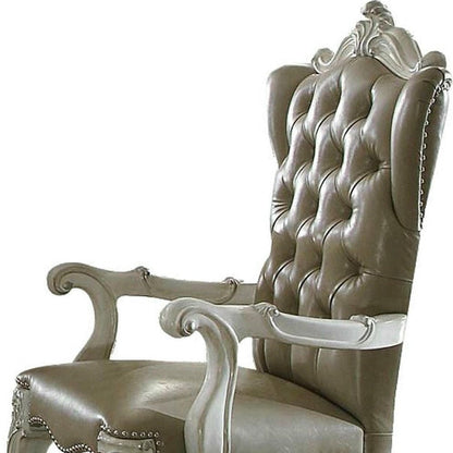 Set of Two Gray and Bone Tufted Faux Leather Wing Back Dining Arm Chairs HomeRoots
