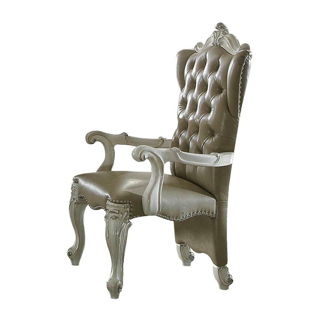 Set of Two Gray and Bone Tufted Faux Leather Wing Back Dining Arm Chairs HomeRoots