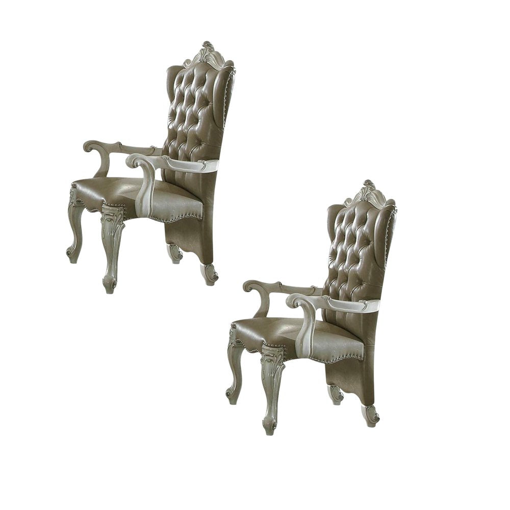 Set of Two Gray and Bone Tufted Faux Leather Wing Back Dining Arm Chairs HomeRoots