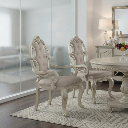 Set of Two Gray And Antiqued White And Gray Tufted Fabric Dining Arm Chairs HomeRoots