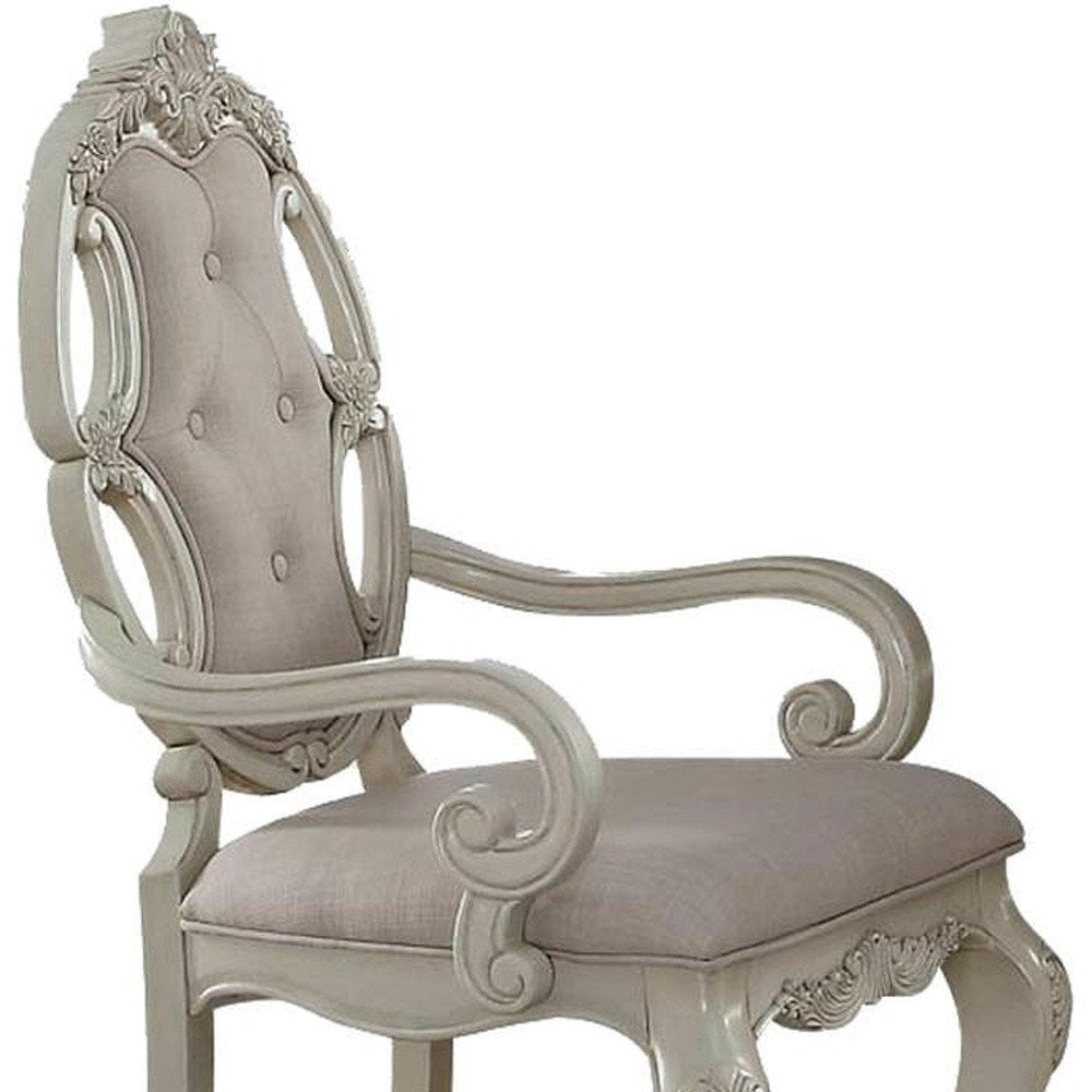 Set of Two Gray And Antiqued White And Gray Tufted Fabric Dining Arm Chairs HomeRoots