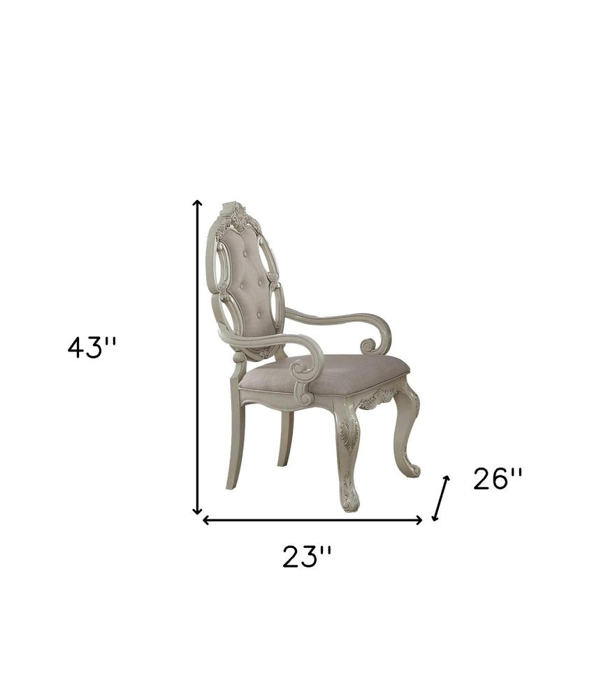 Set of Two Gray And Antiqued White And Gray Tufted Fabric Dining Arm Chairs HomeRoots