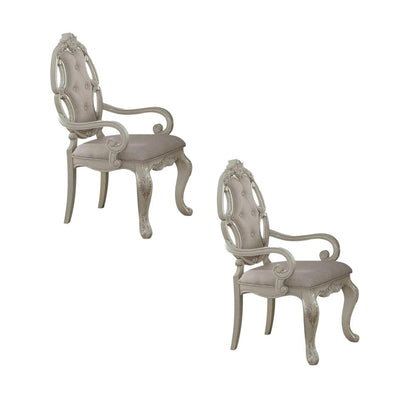 Set of Two Gray And Antiqued White And Gray Tufted Fabric Dining Arm Chairs HomeRoots