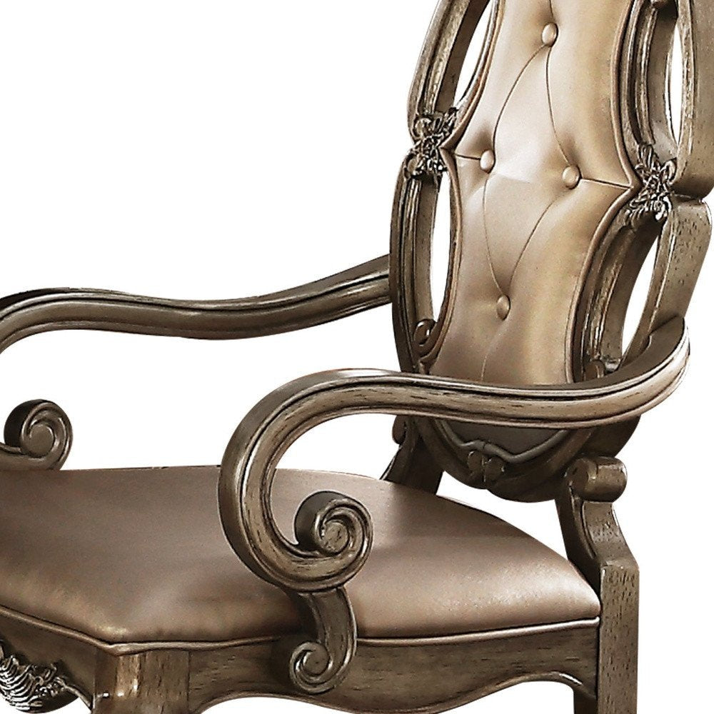 Set of Two Tufted Oak Upholstered Faux Leather And Solid Wood Dining Arm Chairs HomeRoots