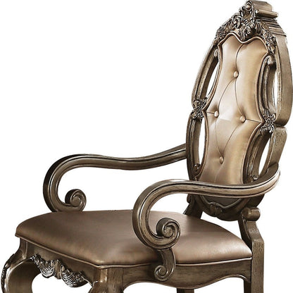 Set of Two Tufted Oak Upholstered Faux Leather And Solid Wood Dining Arm Chairs HomeRoots