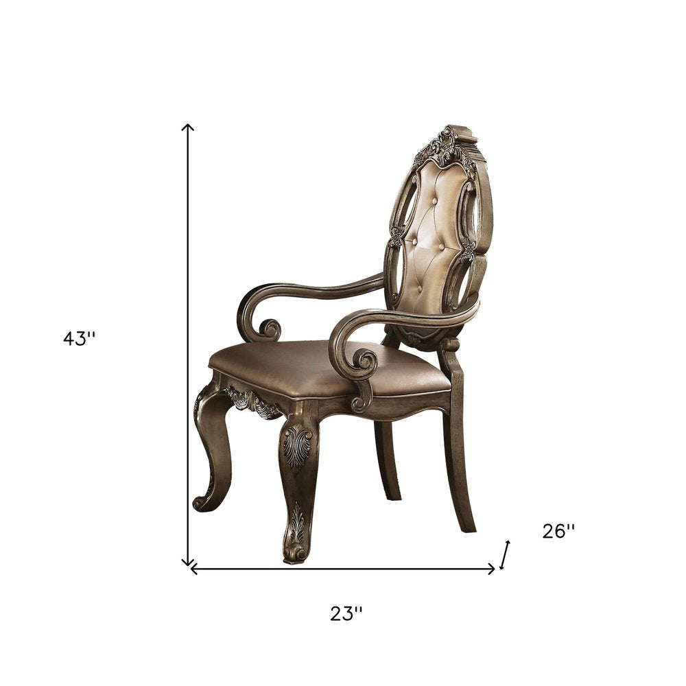 Set of Two Tufted Oak Upholstered Faux Leather And Solid Wood Dining Arm Chairs HomeRoots