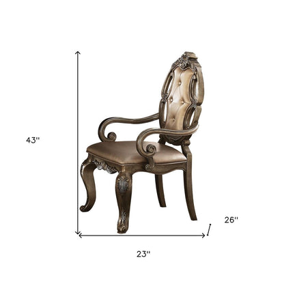 Set of Two Tufted Oak Upholstered Faux Leather And Solid Wood Dining Arm Chairs HomeRoots