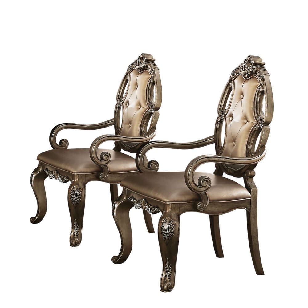 Set of Two Tufted Oak Upholstered Faux Leather And Solid Wood Dining Arm Chairs HomeRoots
