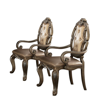 Set of Two Tufted Oak Upholstered Faux Leather And Solid Wood Dining Arm Chairs HomeRoots