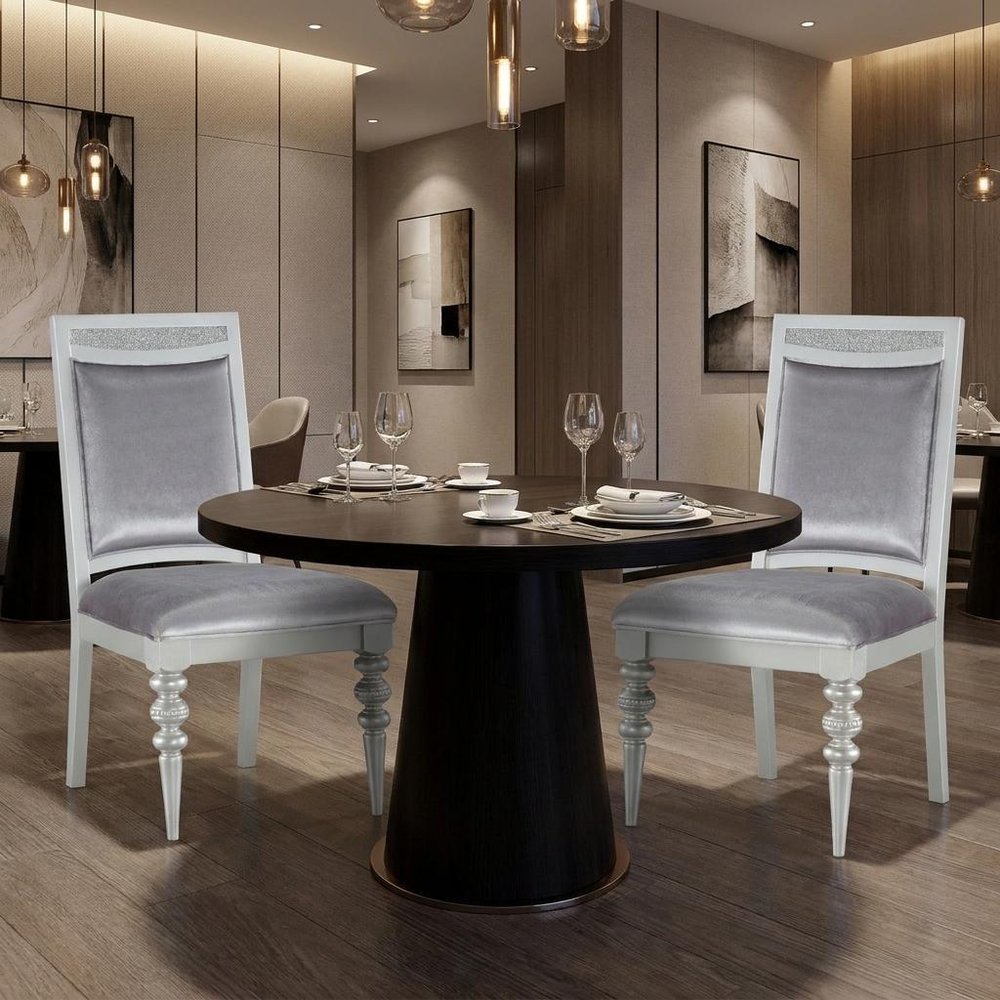 Set of Two Platinum Fabric Solid Wood And Faux Crystal Bling Dining Side Chairs HomeRoots
