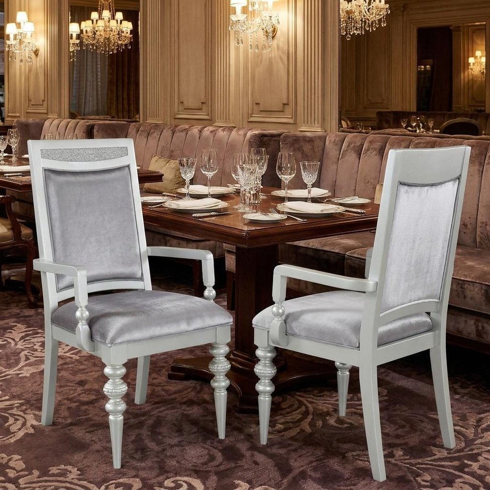 Set of Two Platinum Fabric Solid Wood And Faux Crystal Bling Dining Arm Chairs HomeRoots